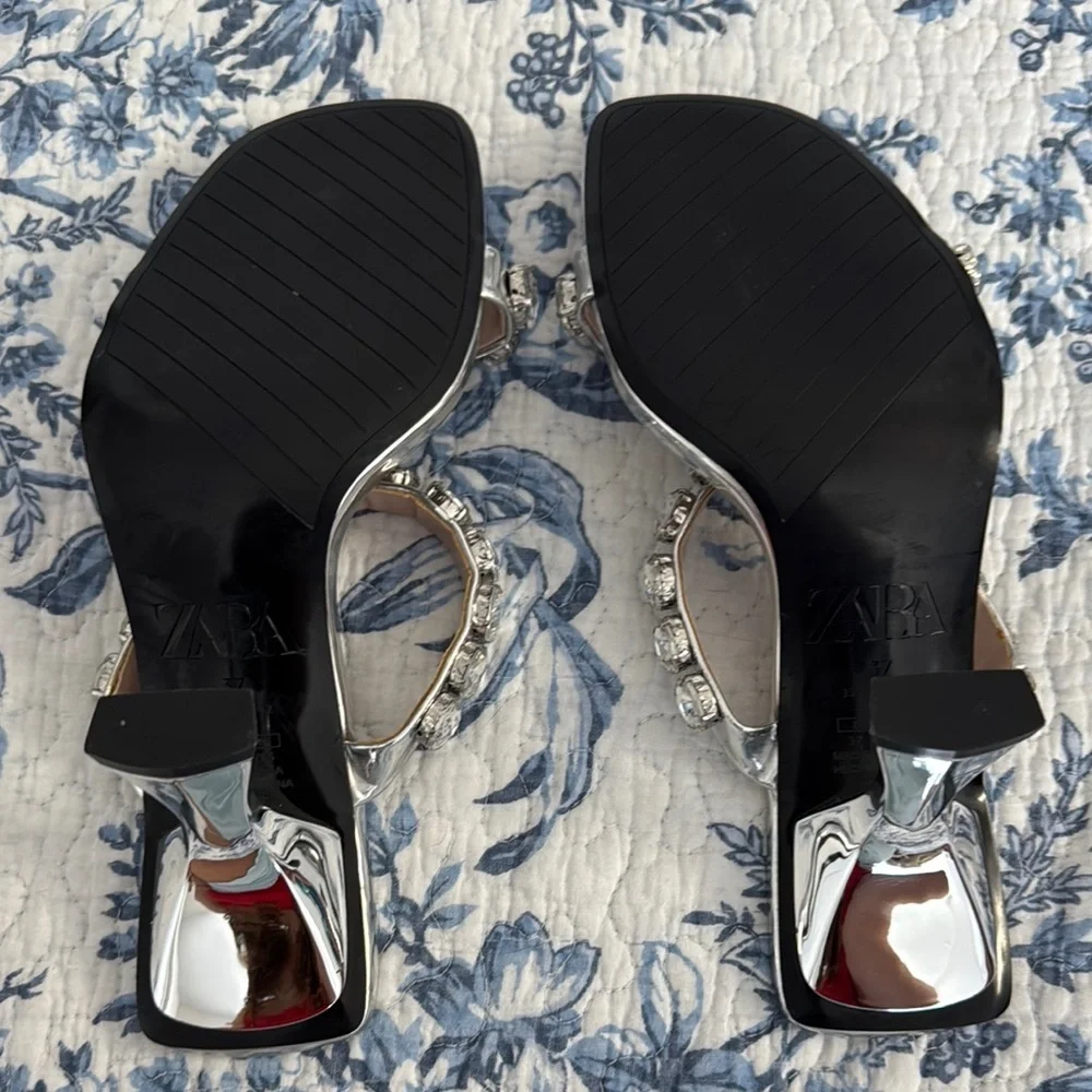 Zara Silver Metallic Jeweled Heels